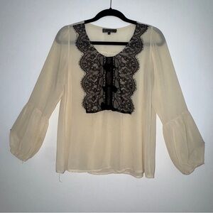 Topshop Sheer Blouse Small Cream Long Sleeve Black Lace Trim Romantic Top Size S